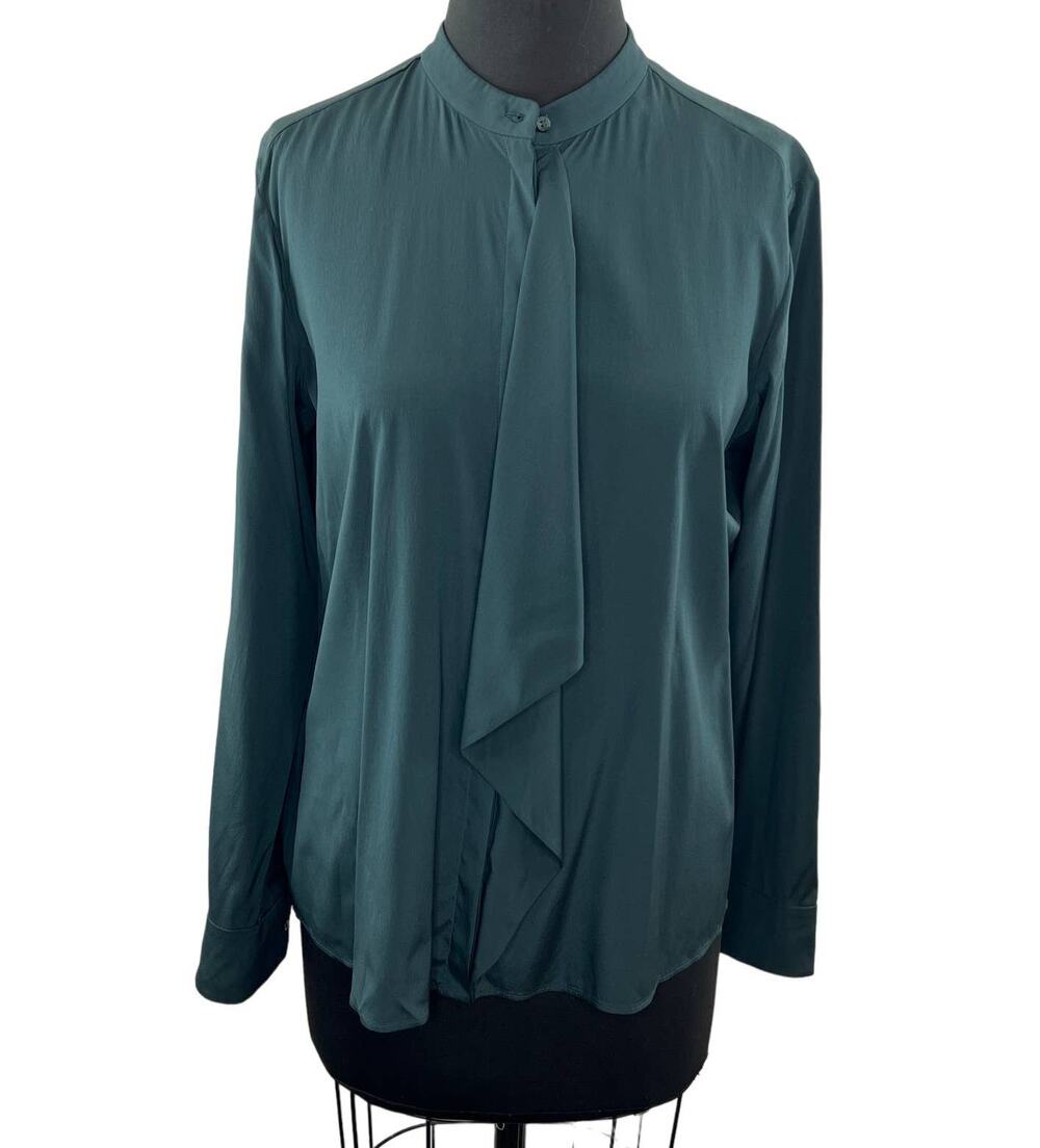 HUGO BOSS Women's Emerald Green Draped Front Long Sleeve Blouse Crewneck 8 M